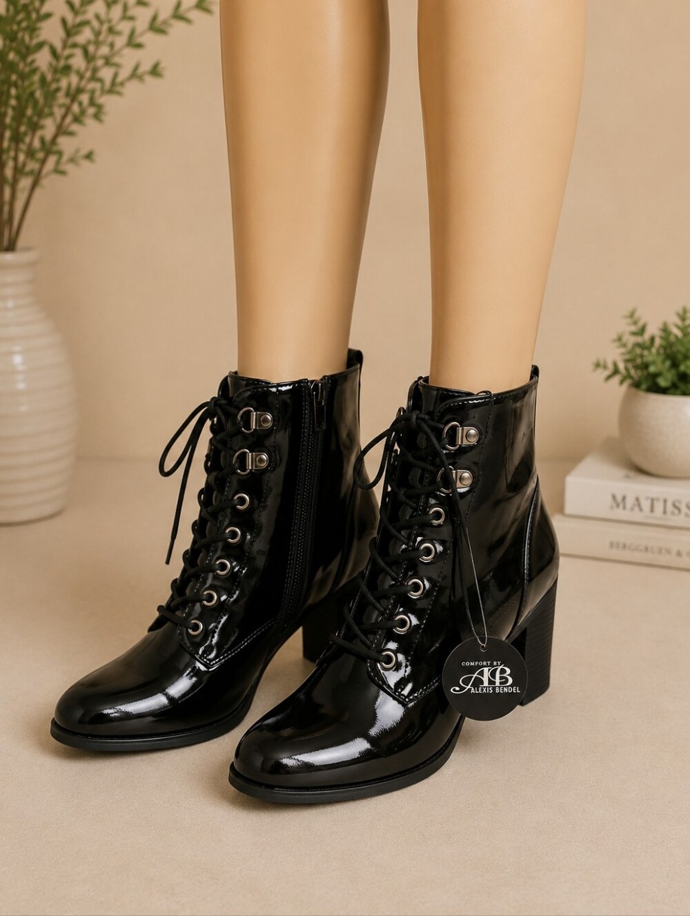 Alexis Bendel Comfort Women's Black Patent Lace-Up Ankle Boots Size 10 NWT